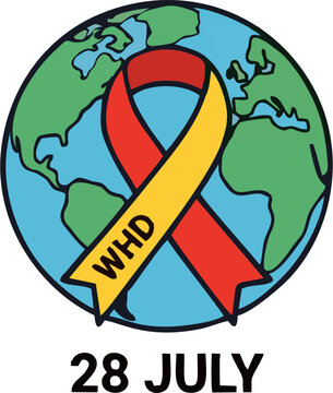 World Hepatitis Day awareness ribbon over globe with WHD text, 28 July illustration