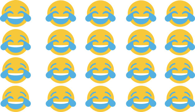 A repeating pattern of yellow laughing face emojis with blue tears fills the frame.