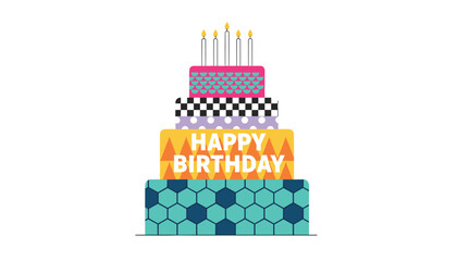 Fototapeta premium Magnificent six tiered colorful birthday cake decorated with beautiful patterns and burning candles on top surface.