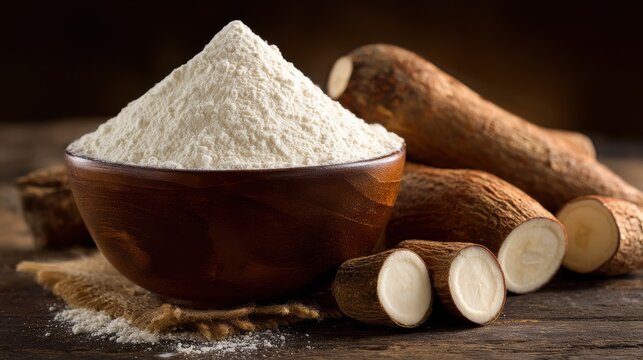 Bowl of tapioca flour with raw cassava roots on wooden table. Food supply concept for culinary ads.