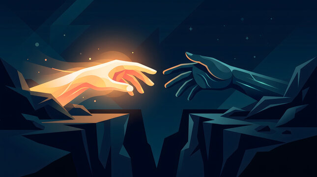 Flat vector illustration of two hands reaching out across a dark gap representing emotional support