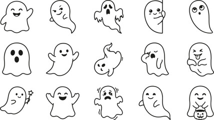 Fototapeta premium Set of cute hand drawn ghosts with various funny expressions isolated on a white background for halloween design projects
