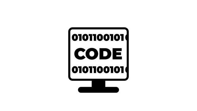 Line icon of a computer monitor displaying binary code and the word code symbolizing programming software development and technology industry trends
