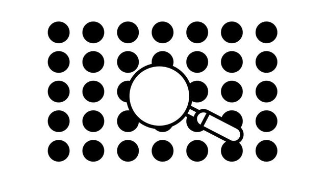 Line icon of a magnifying glass searching through a grid of dots symbolizing data analysis research investigation and pattern identification method