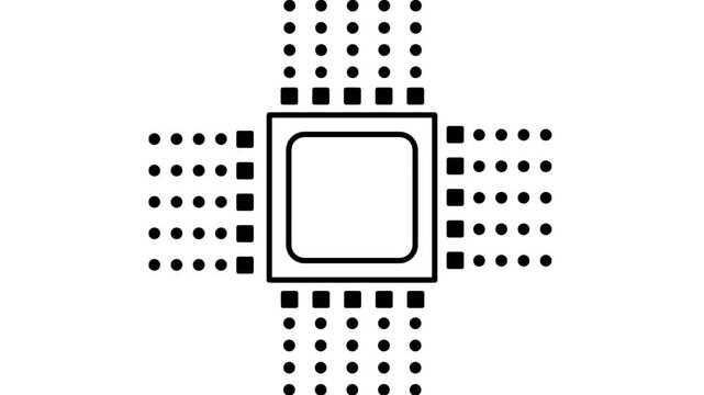 Line icon of a microchip surrounded by dot patterns symbolizing semiconductor technology computer hardware processing power and tech innovation now
