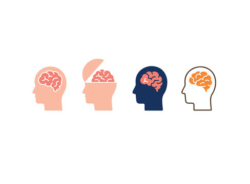 Human Brain Thinking Process and Psychology Concept Set. Open Mind, Intelligence, Mental Health, and Brainstorming Profile Icons Vector Illustration