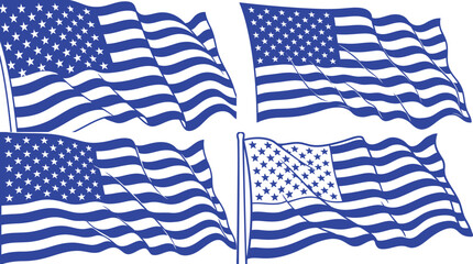 Fototapeta premium Four waving american flags in blue silhouette against a white background