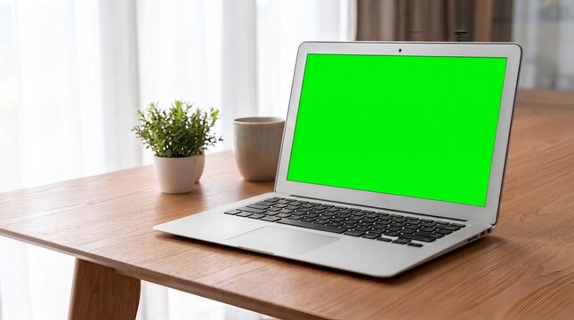 Silver laptop with green screen on wooden desk near plant and mug.