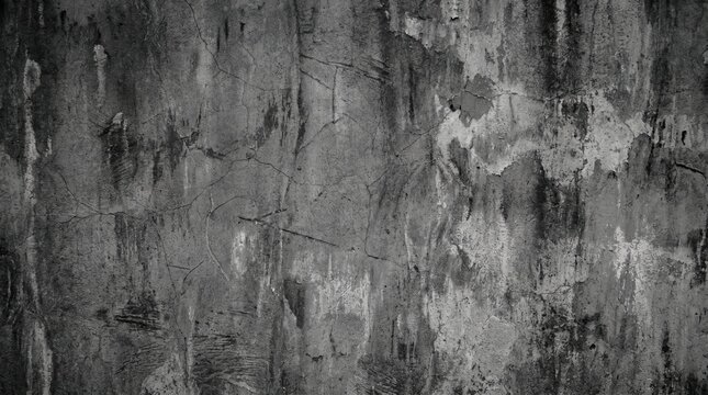 A dark monochromatic concrete wall texture with weathered plaster patches and deep cracks across a rough uneven surface featuring shades of charcoal gray and slate black in a gritty industrial style