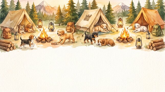 Watercolor illustration of multiple dogs at a forest campsite with tents and campfires on a white background