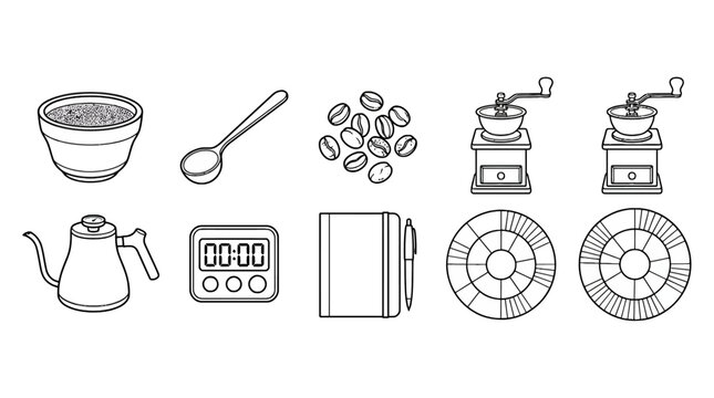 Coffee beans grinder and brewing tools set in black and white outline, ideal for caf? or kitchen concept, coffee making, brewing process, and culinary illustrations