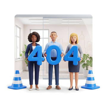 3D team holding blue 404 error numbers in office setting