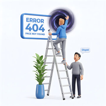 3D cartoon characters fixing website 404 error not found