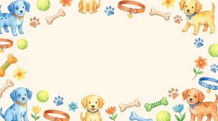 Fototapeta premium Cute Watercolor Puppy Dog Frame with Playful Toys and Floral Elements for Nursery Decor and Pet Themed Celebrations