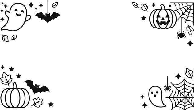 Hand drawn halloween corner borders featuring cute ghosts pumpkins bats spider webs and stars on a white background