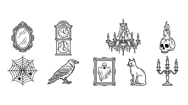 Halloween themed line art set with spooky mirror clock chandelier spider web raven cat ghost skull candles