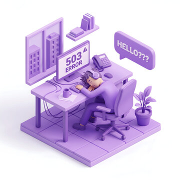 3D isometric view of office worker sleeping at computer 503