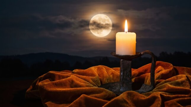A thick white candle burning in a dark metal holder resting on draped orange velvet fabric under a bright full moon in a cloudy night sky