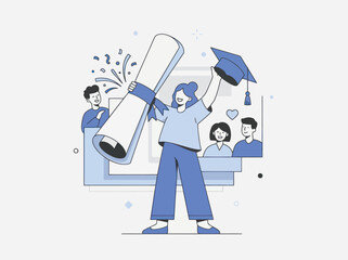 Fototapeta premium Graduation celebrates student success with diploma and cap while friends cheer in modern graphic style