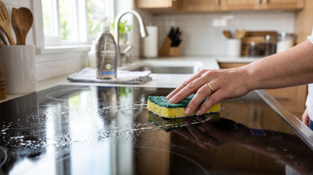 Man cleaning stovetop with sponge in modern kitchen  