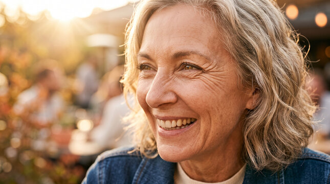 Smiling older woman with crow's feet outdoors