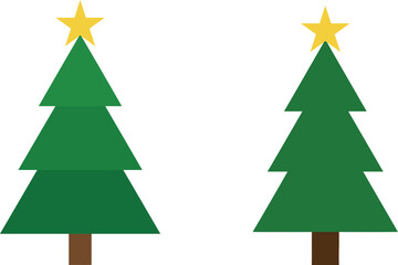 Fototapeta premium Two green christmas trees with gold stars on a white background silhouette