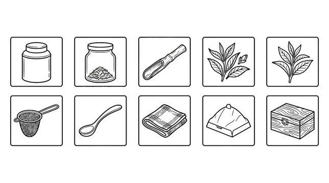 Collection of herbal medicine items including jars leaves tea strainer spoon towel paper tissue box and box for natural remedy preparation