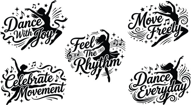 Premium black and white silhouette collection set of inspirational dancing quotes featuring elegant female dancers and decorative typography