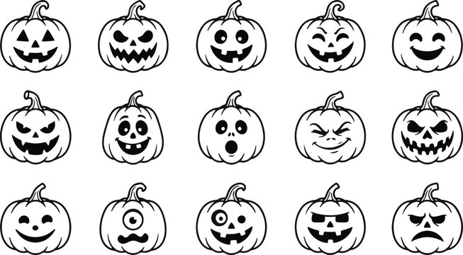 A collection of fifteen hand drawn doodle style jack o lantern pumpkin faces for halloween celebration design projects