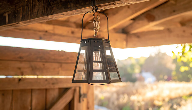 Rustic hanging lantern outdoor lighting fixture.