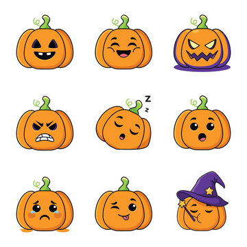 Cute pumpkin emoji set with various facial expressions and emotions.