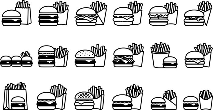 Fast Food Burger and French Fries Combo Meal Icons Set in Black and White Outline Style