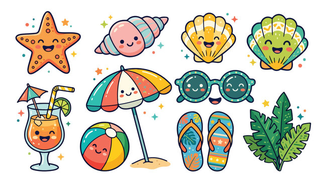 Cute cartoon summer beach objects collection with smiling faces and vibrant icons