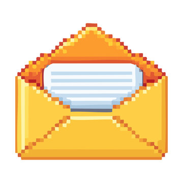 Pixel art illustration of yellow open envelope containing letter paper message communication retro digital video game UI design vector