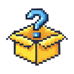 Fototapeta premium Pixel art illustration of open surprise box with question mark mystery loot reward icon retro digital video game UI asset vector