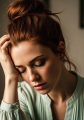 Naklejka premium Young Redhead Woman Feeling Stressed and Exhausted with Eyes Closed and Hand on Head - Mental Health Concept