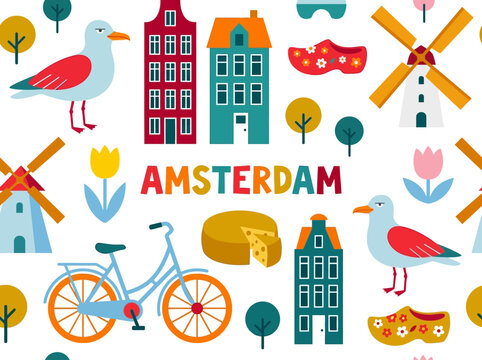 Amsterdam Netherlands Travel Icons Pattern with Windmills and Canal Houses
