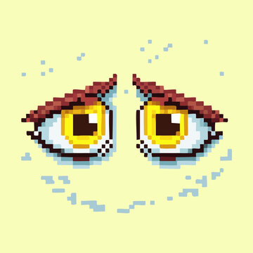Pixel art illustration of sad crying yellow cartoon eyes character emotion face avatar retro digital video game graphic asset vector