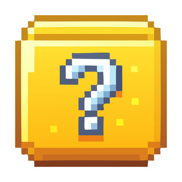 Pixel art illustration of mystery block cube with question mark power up bonus object retro digital video game asset design vector