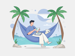 Fototapeta premium Man drawing in hammock on tropical beach with palm trees while enjoying vacation and remote work