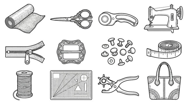 Sewing tools and supplies set including scissors, sewing machine, zippers, thread spool, buttons, measuring tape, pin cushion, and related accessories for clothing design