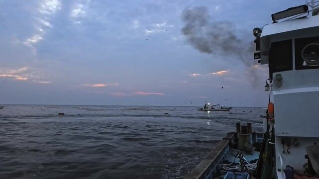 POV from fishing boat returning through set net fishery in Ito Japan