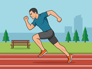 Obraz premium Man sprinting on outdoor track in city park illustration. Determined runner cardio workout concept.
