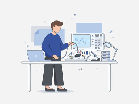 Electronics engineer working with oscilloscope and circuit board while testing with laptop and tools