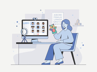 Naklejka premium Teacher with puppet teaches children online while learning alphabet and engaging in video call