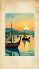 Obraz premium Traditional Wooden Sailboats on Calm Lake at Golden Sunset Watercolor Painting Vintage