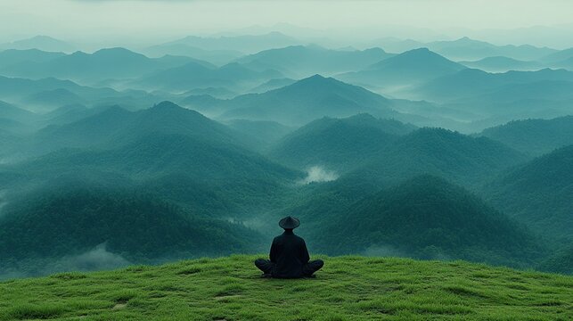 Serene figure meditating atop lush green hill, overlooking misty blue mountain range landscape at dawn, mindfulness and tranquility