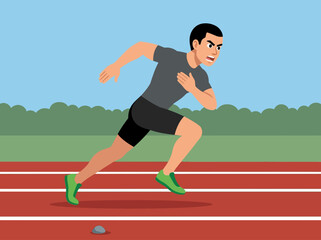 Obraz premium Determined Male Athlete Sprinting on Red Running Track Vector Illustration