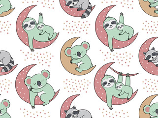Fototapeta premium Cute Animals Sleeping on Moon Seamless Pattern for Kids Nursery Decor
