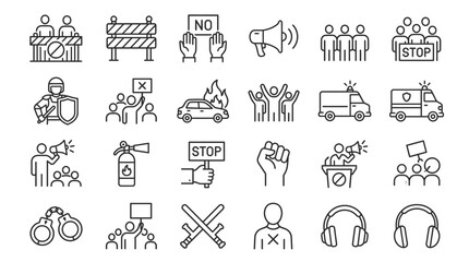 Fototapeta premium Set of black and white protest and social movement line icons including demonstrators police ambulance and megaphone